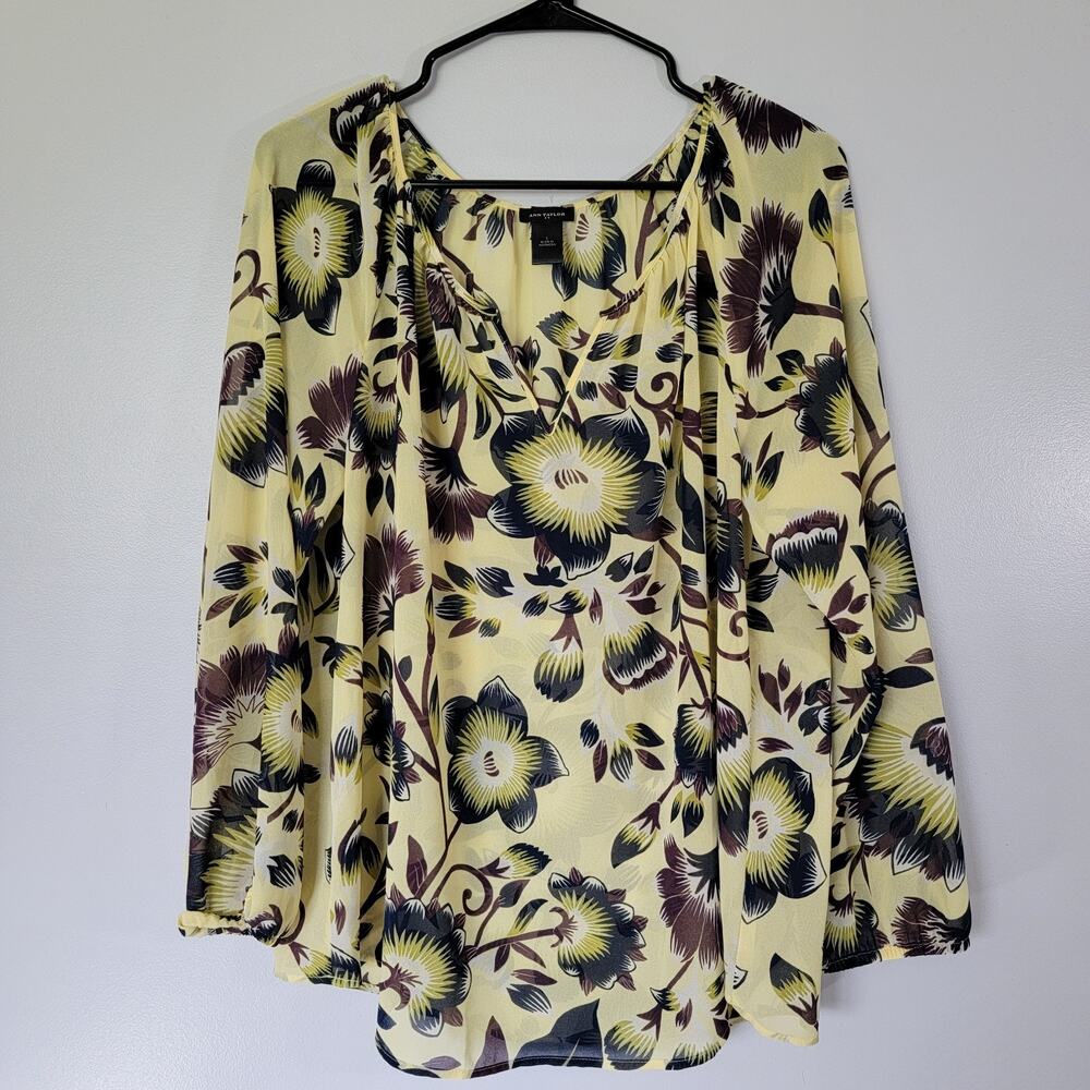 Ann Taylor Butter Yellow Floral Chiffon Top Sz L Cottagecore Feminine Office